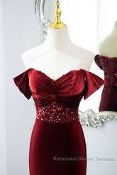 Wine Red Mermaid Velvet Long Party Dress, Wine Red Semi Formal Prom Dress Evening Dress
